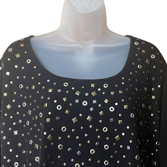 DG by Diane Gilman Black Studded Scoop Neck Top Sz 1X Long Sleeves Mixed Metals - Picture 9 of 10